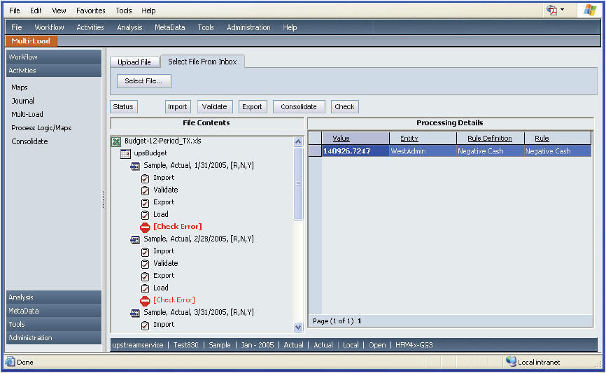 The image shows the Validation Reports screen which contains two panes. The left pane includes a data tree that shows accounts that did not pass the validation test, and the right pane details the account rules for the failed account selected in the left pane.